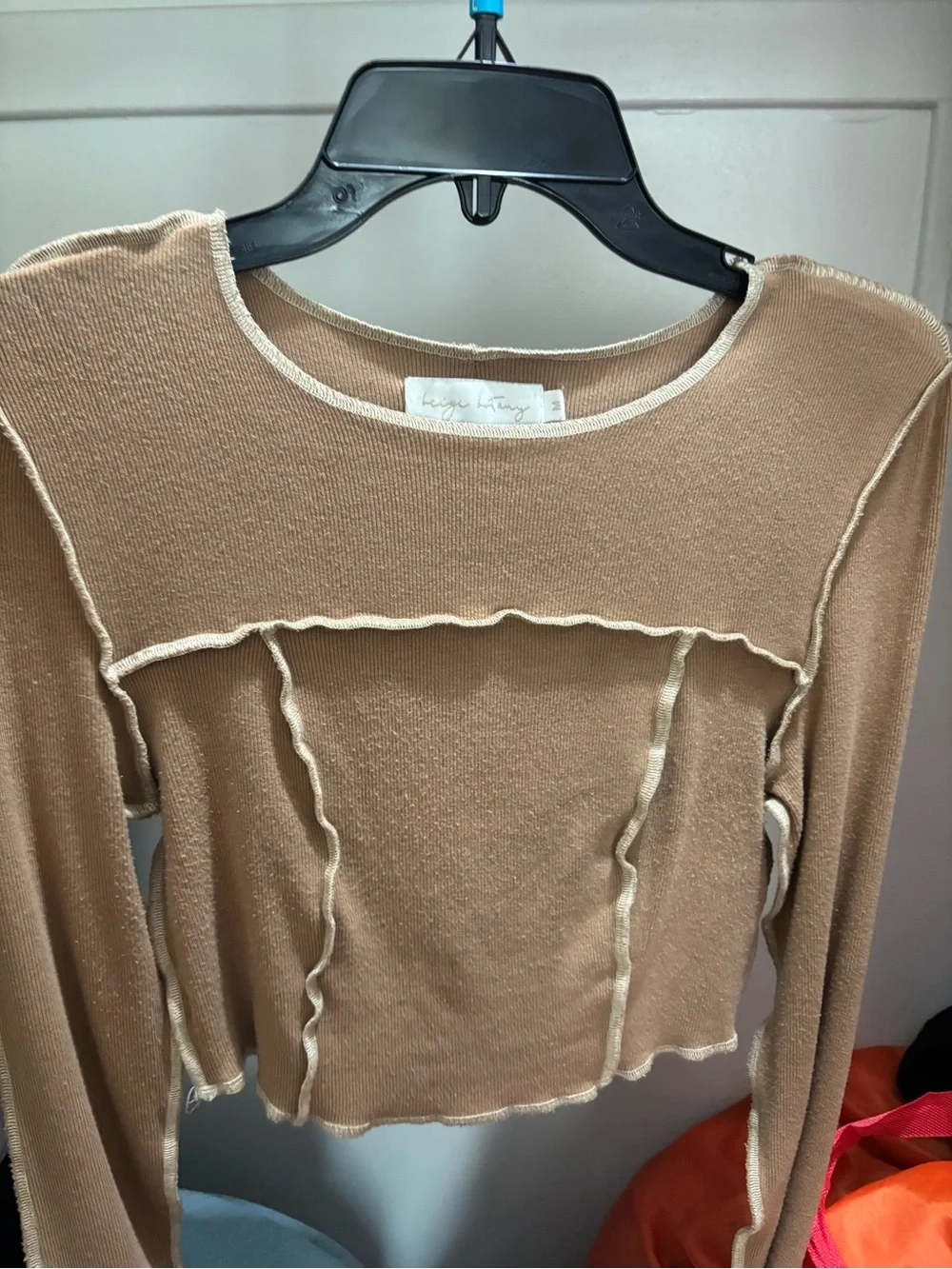 Beige Long-Sleeve Crop Top - Picture 2 of 6